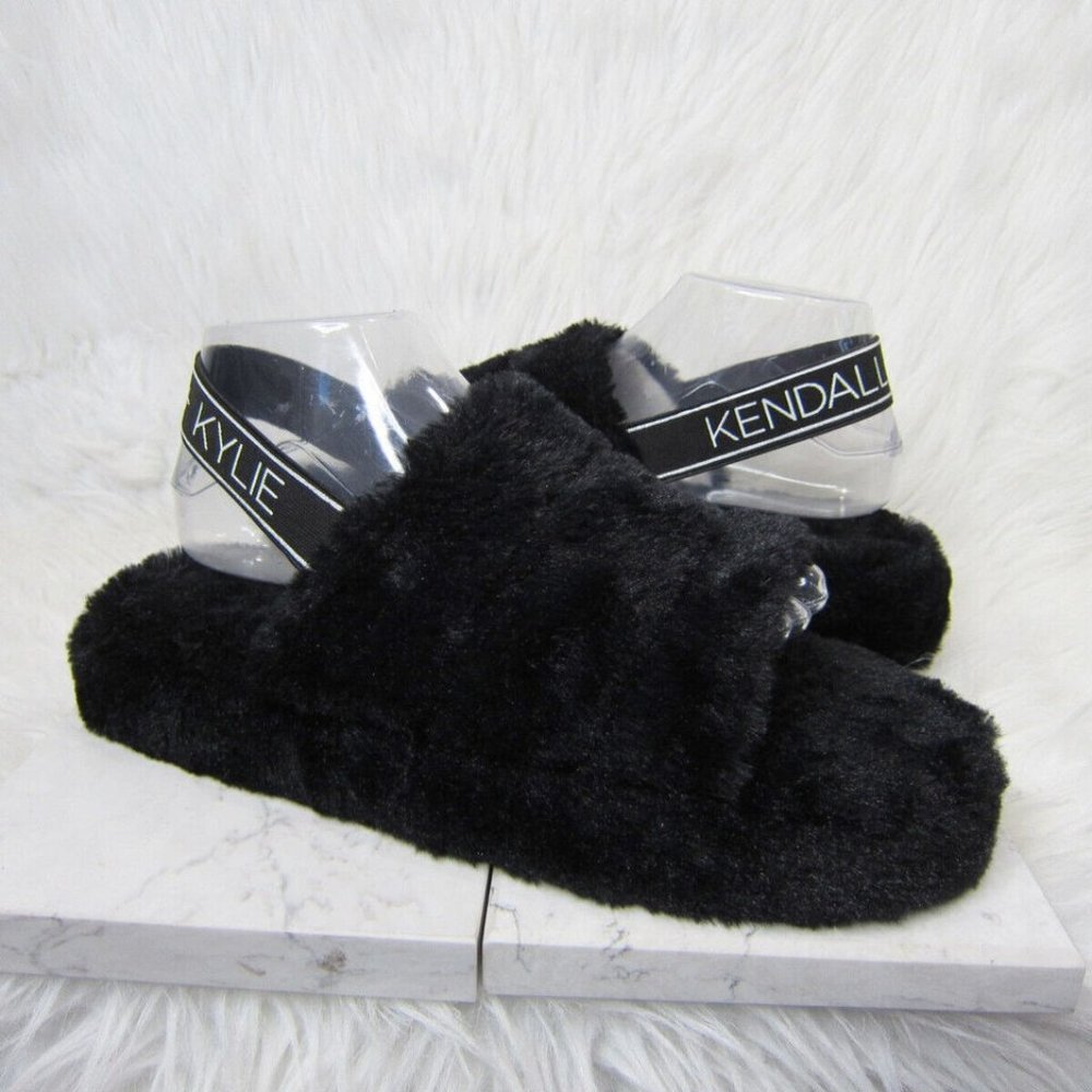 Kendall and Kylie Women's Black Faux Fur open toe Slides Slippers Size 11 NWOT